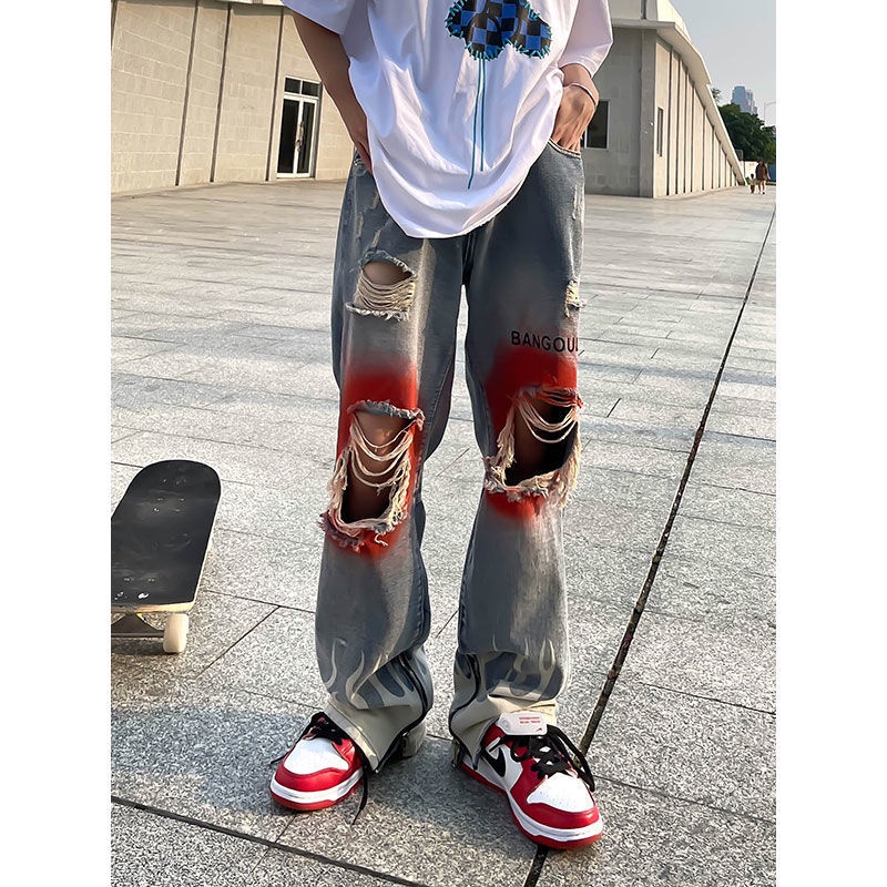 Quần Jeans Dài Phối Vết Rách Cá Tính Cho Nam
