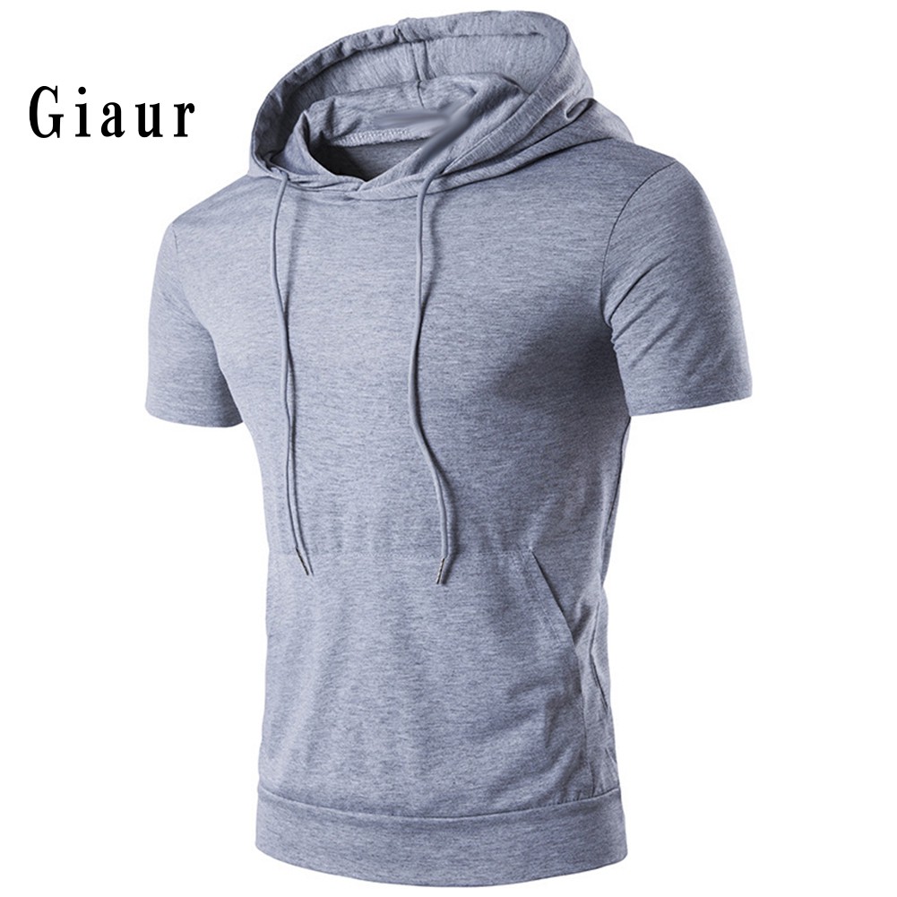 GIAUR  Sports Men Summer Solid Color Short Sleeve Hoodies Hooded Sweatshirt with Pocket