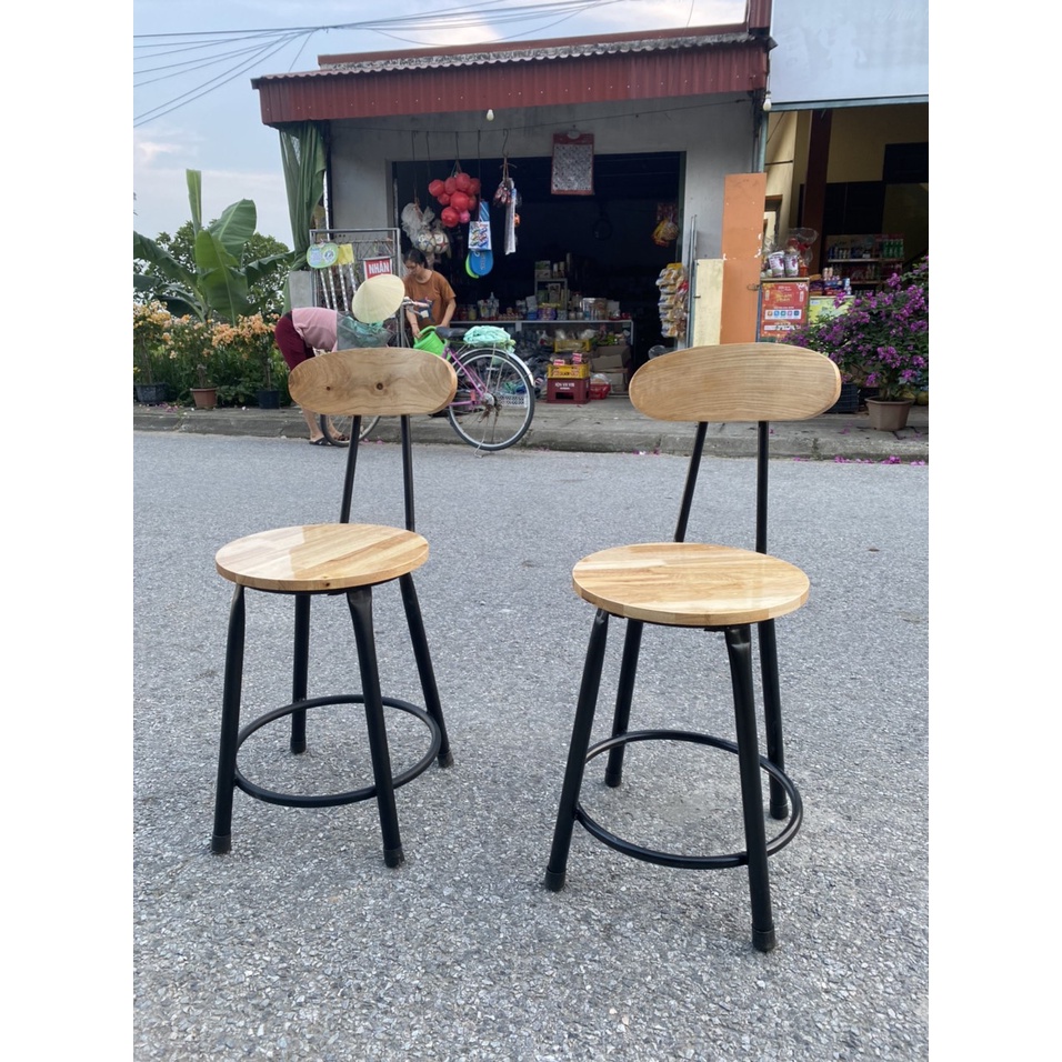 Ghế Đôn Tròn Cao 45cm Chân Sắt Mặt Gỗ Cao Su Có Tựa Lưng, Ngồi Caffe Ngoài Trời, Quán Cơm Nhà Hàng