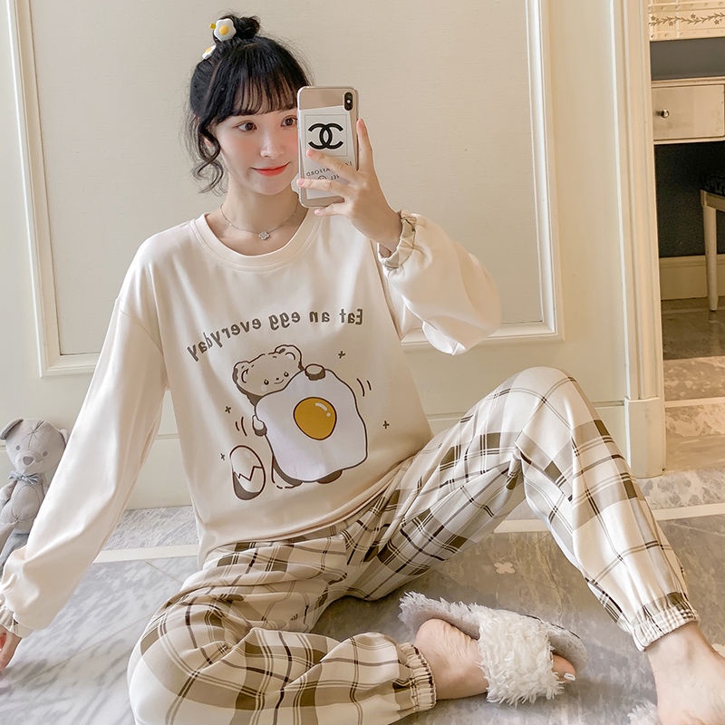 Bộ đồ ngủ hai mảnh tay dài in họa tiết dễ thương thời trang xuân thu 2021 cho học sinh