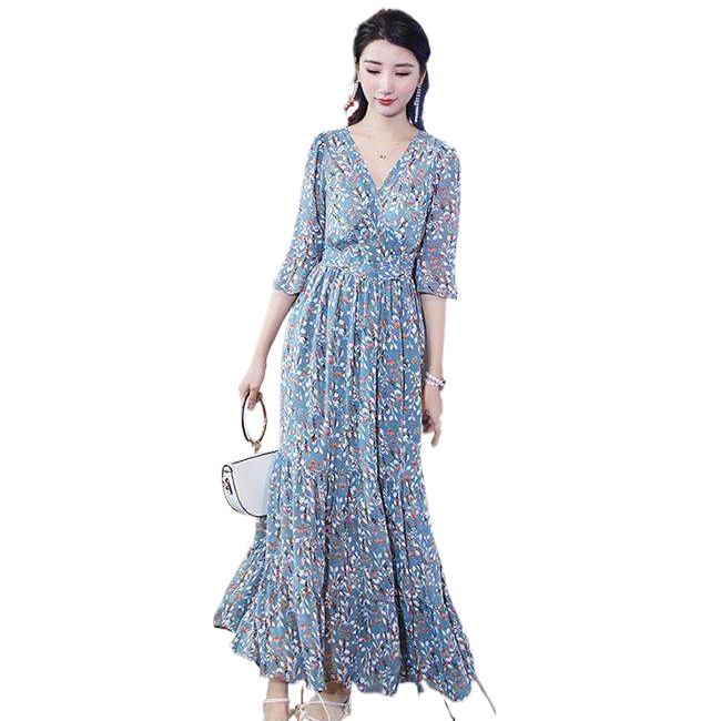 Đầm Dài Họa Tiết Hoa Phong Cách Hàn Quốc Thời Trang Cho Nữ