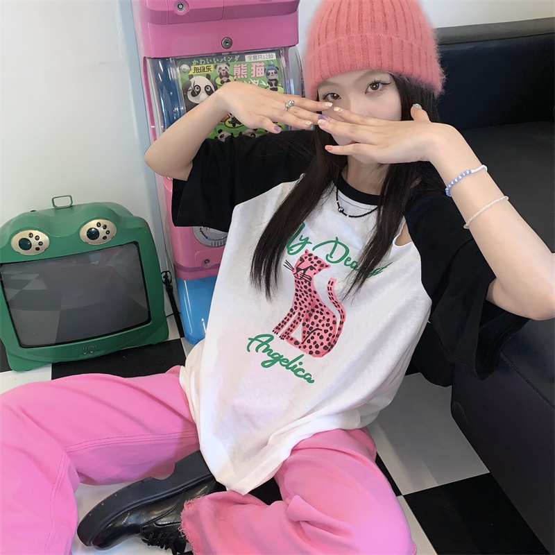 Áo Thun Ngắn Tay Dáng Rộng In Họa Tiết Da Báo Màu Sắc Tương Phản Thời Trang Mùa Hè Cho Nữ