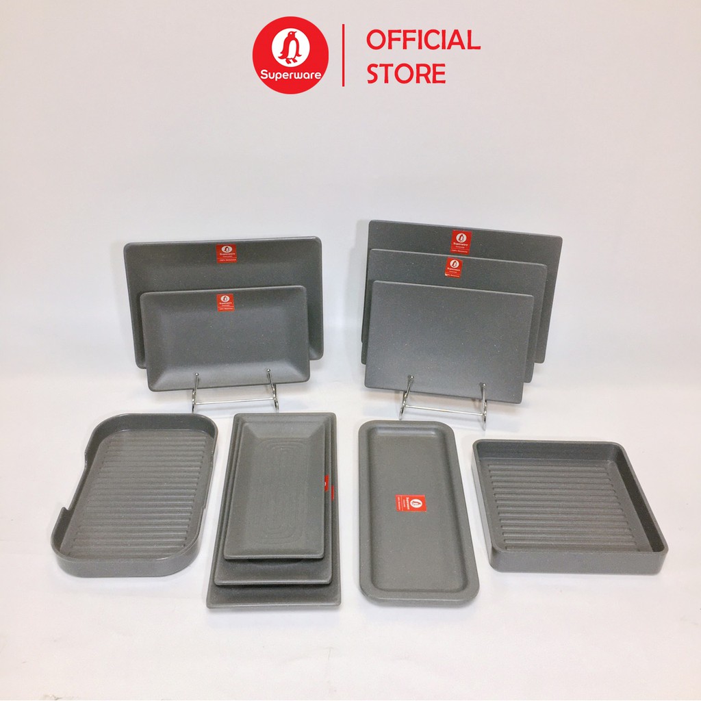 Bộ Đĩa Chữ Nhật, Khay Thịt SUPERWARE Nhựa Phíp 100% Melamine - Dark Grey