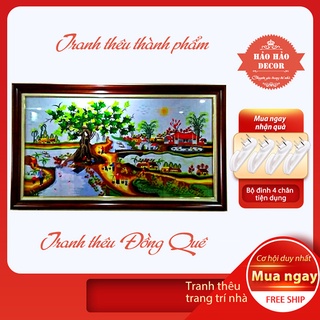 Tranh treo tường phòng khách,  Tranh thêu Tay PHONG CẢNH ĐỒNG QUÊ thêu sẵn 140x80cm