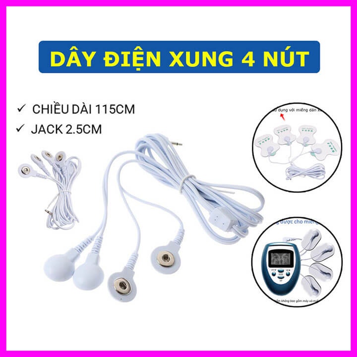 Dây điện xung 4 nút cài dùng cho máy massage xung điện vật lý trị liệu, máy massage xung điện 4 miếng dán, 8 miếng dán