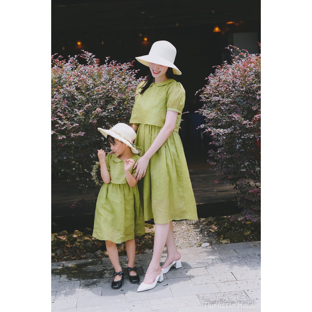 Đầm mẹ và bé xanh bơ_ The little Heidi _ Đầm linen tơ mẹ và bé_ Mom and daughter dress