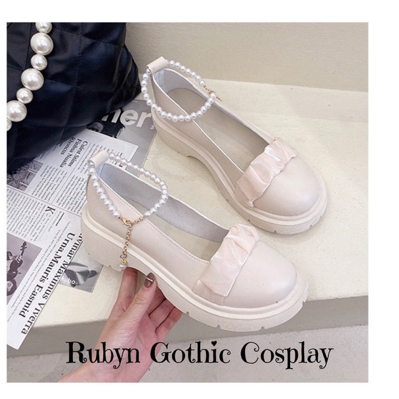 [Sẵn]✨Giày Lolita Tiểu Thư Phối Vải Quai Hạt ( Trắng, Đen ) Size 35 - 40 LO588