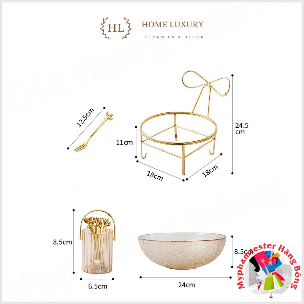 Set Lẵng Thủy Tinh Kèm Nĩa + Bát Thủy Tinh Đựng Hoa Quả Kèm Kệ Inox Vàng Màu Hổ Phách - Khói Xám Phong Cách Vintage 2022