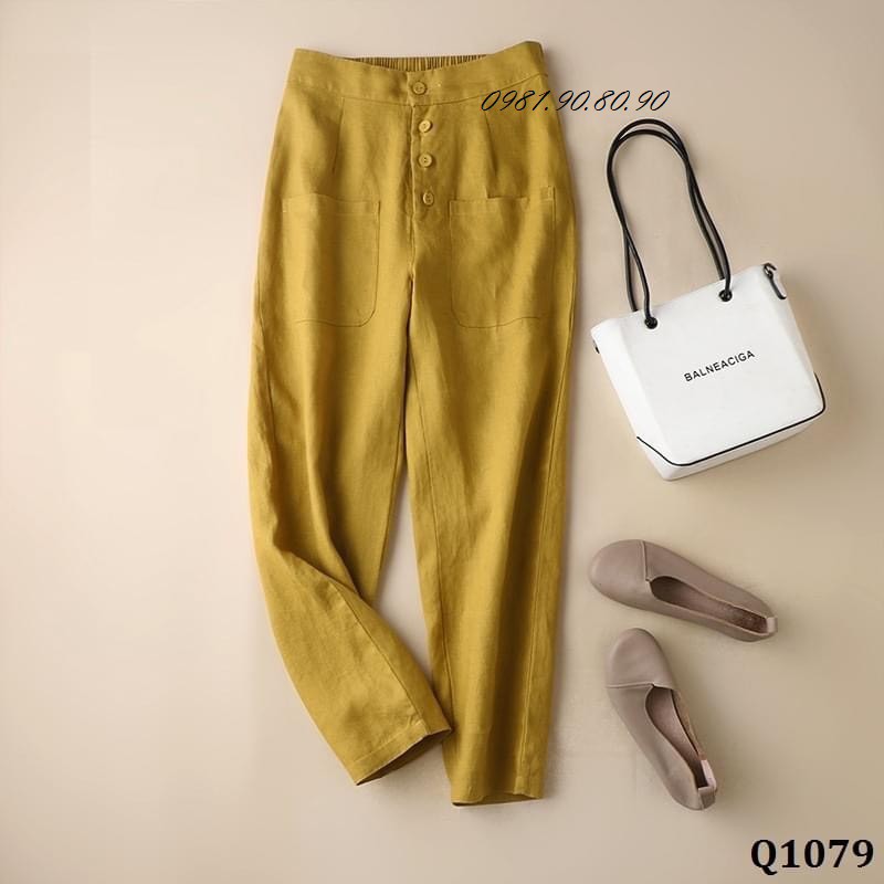 quần baggy nữ chun lưng 4 khuy 2 túi trước chất đũi