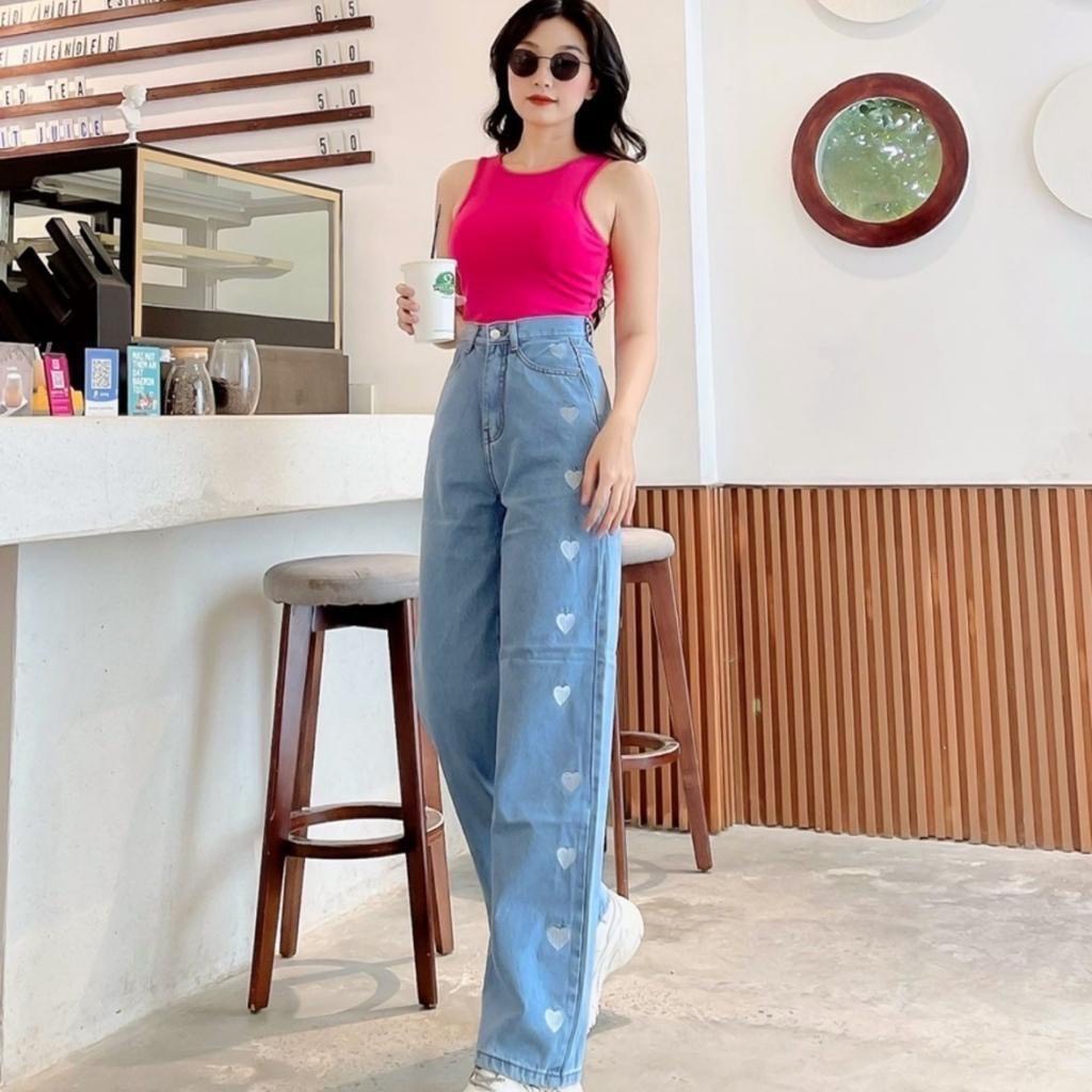 Quần Jean Nữ Ống Rộng Chất Bò Kèm Hoạ Tiết TRÁI TIM , Quần Ống Rộng Màu Xanh Form Dài 105Cm - 300