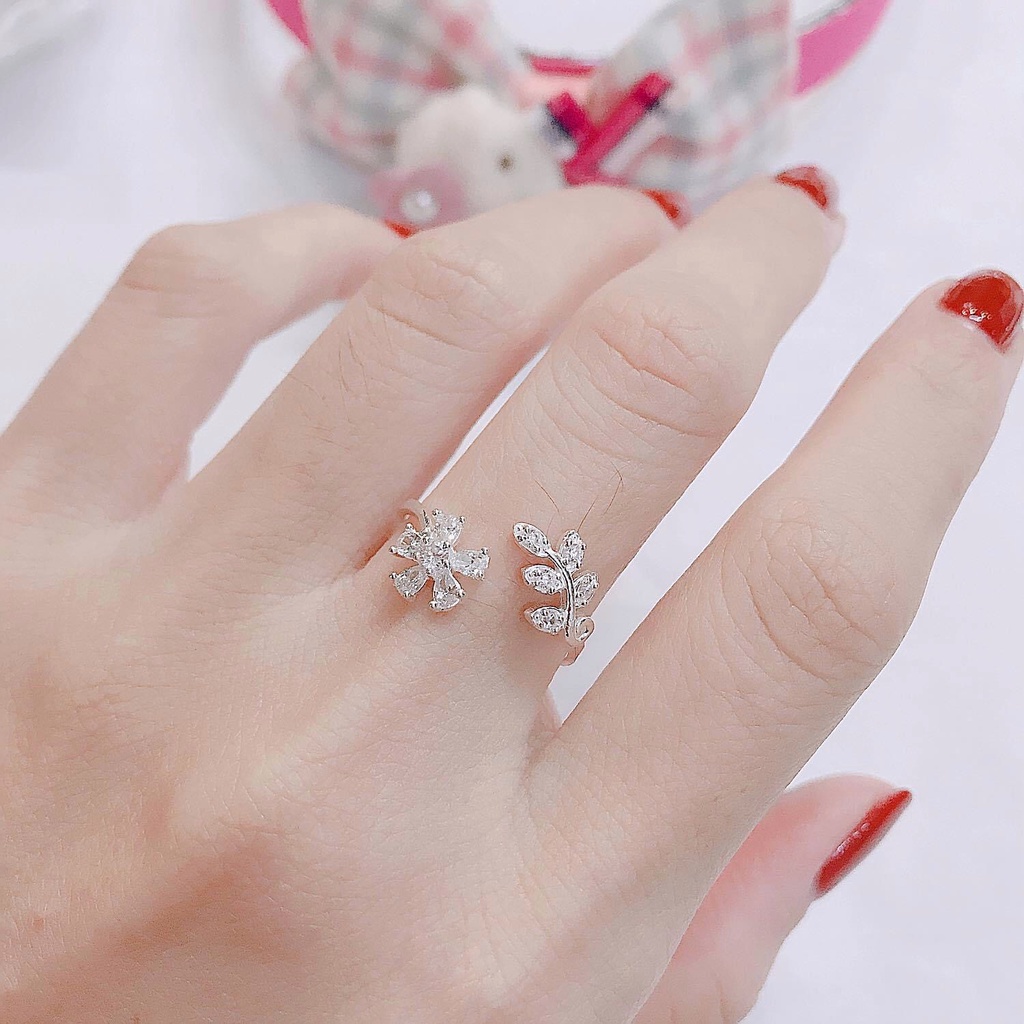 Nhẫn Nữ Bạc Ta CaoBac Silver Mặt Nhẫn Bạc Đính Đá Hình Hoa Năm Cánh Đính Đá Phối Lá Hở Cá Tính Quà Tặng Bạn Gái