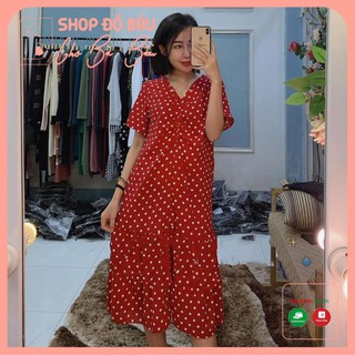 Váy bầu công sở - đầm bầu đuôi cá chấm bi rúm ngực freesize từ 45-70kg BN08