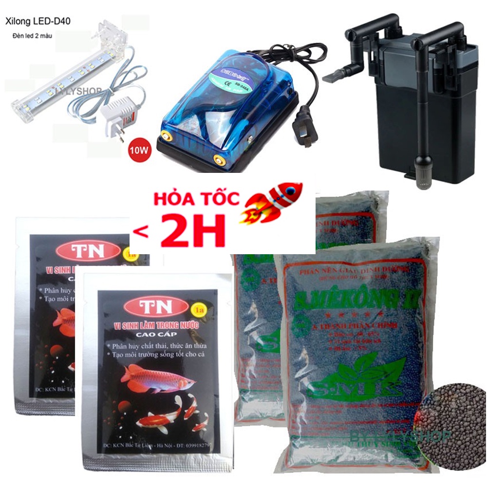 Trọn bộ phụ kiện bể cá: 1 đèn Xilong D40, 1 Thùng Lọc Treo HBL 803, 2 gói men vi sinh, 2 túi đất sme