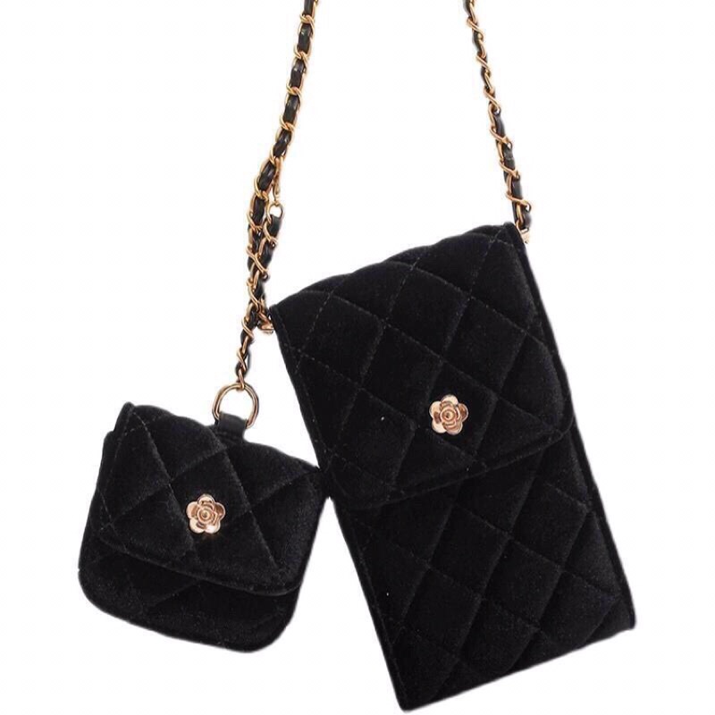 Túi Xách Nữ Nhung Đeo Chéo 2 Chi Tiết Dáng Dọc Ô Trám