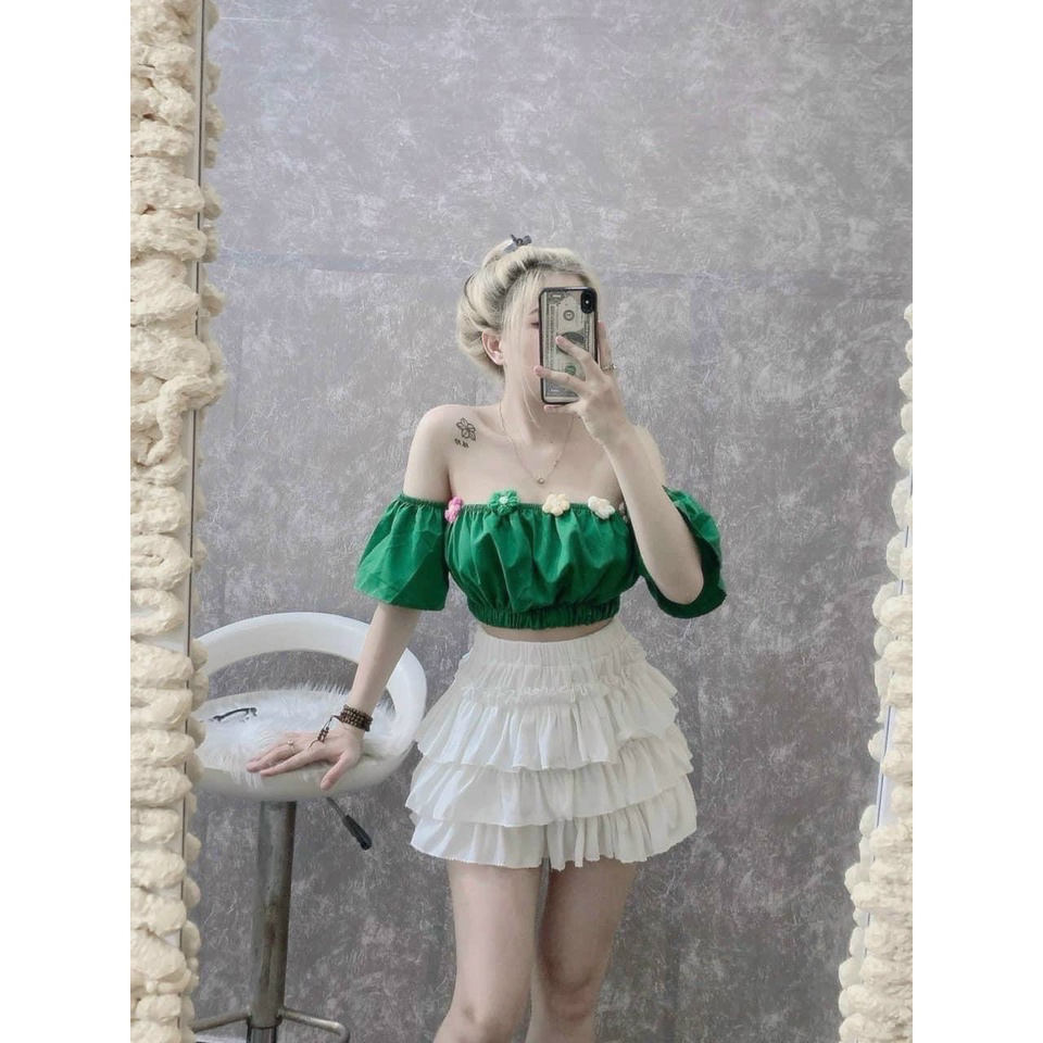 Áo croptop hở vai đính hoa len sexy