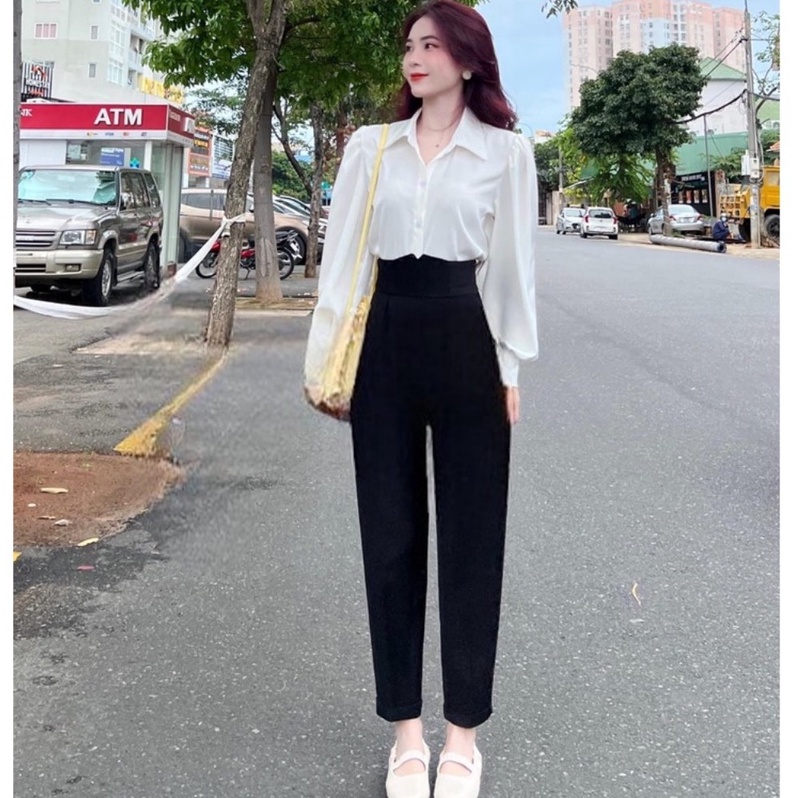 Quần tây đen nữ lưng cao dáng dài cạp V siêu cao mặc đi học làm công sở Quần vải nữ ống đứng khóa sau mềm co giãn nhẹ