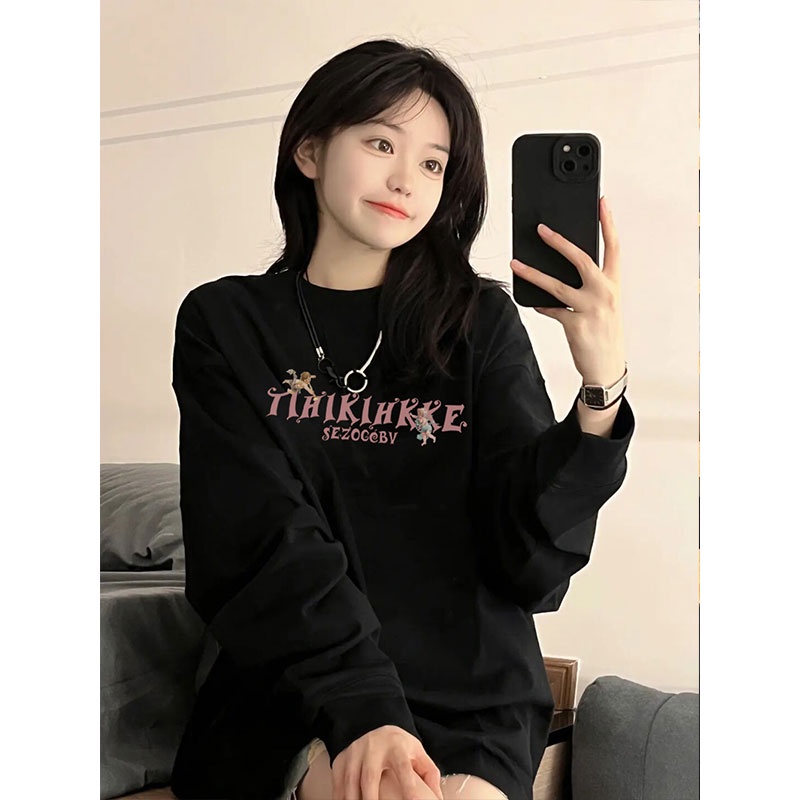 SELVZE Áo sweater cổ tròn dáng rộng in họa tiết phong cách Mỹ đường phố cá tính thời trang dành cho nữ