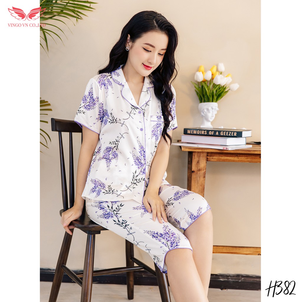 Đồ bộ nữ Pijama mặc nhà VINGO lụa Pháp cao cấp tay xộc quần lửng mùa Hè hoa Lavender tím nền trắng nhã nhặn H382 VNGO