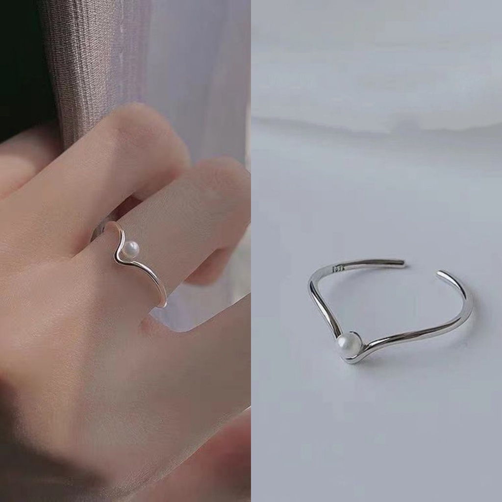 Nhẫn đính ngọc trai nhân tạo hình chữ V thiết kế đơn giản thời trang