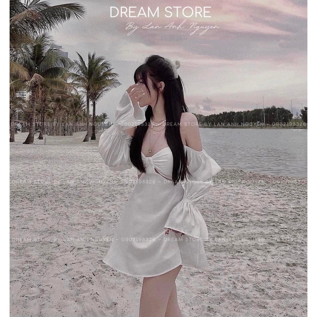 Váy đầm dáng xòe thiết kế trễ vai, tay dài bồng phối hở eo hững hờ, quyến rũ, chuẩn hàng MPB