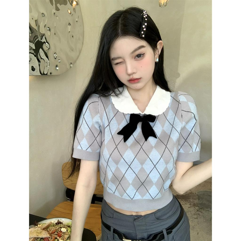 Áo Dệt Kim Tay Ngắn Cổ Búp Bê Phong Cách Hàn Quốc Thời Trang Cho Nữ