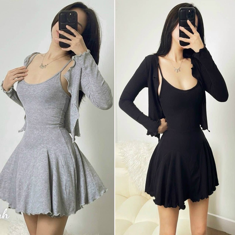 Set Váy 2 Dây Mix Áo Khoác HotHit Thu Đông 2 Màu Xám Đen Dễ Phối Mẫu Mới XINXOSHOP