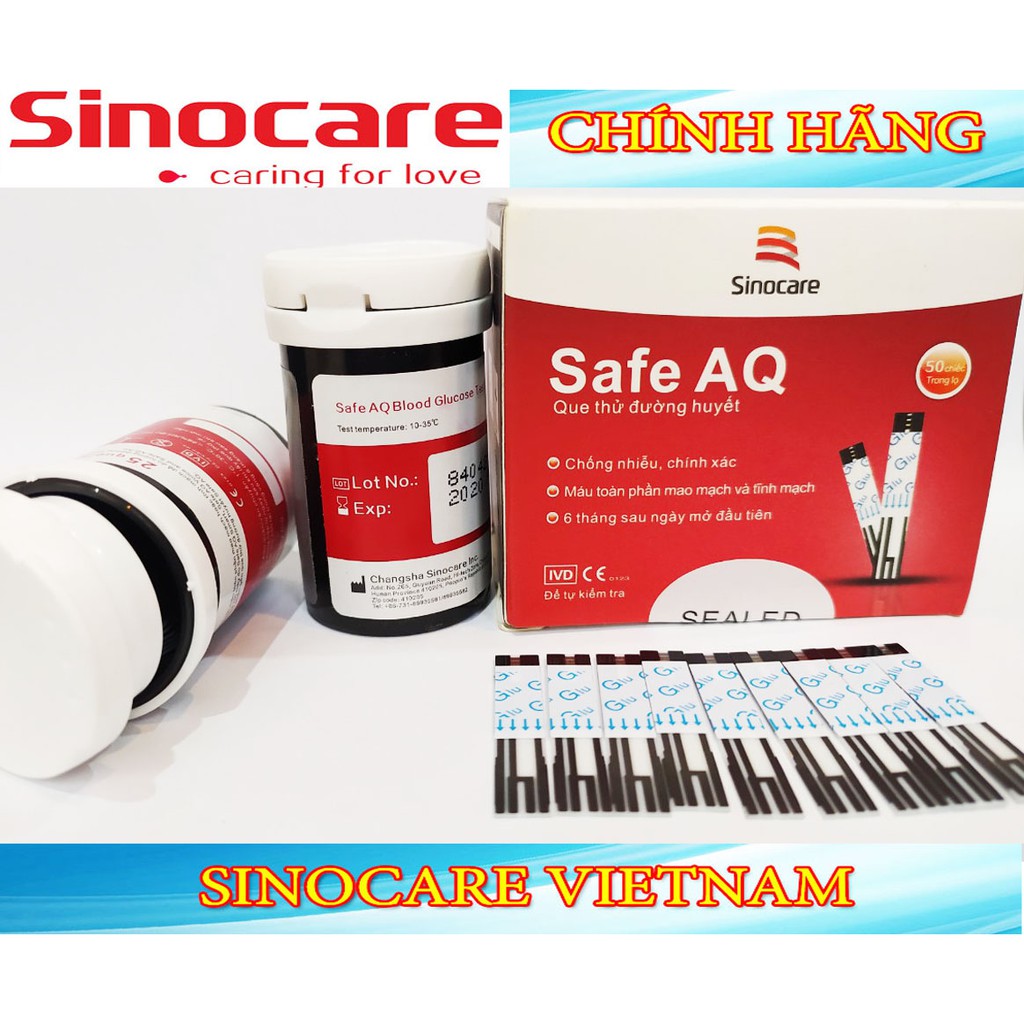 Que Thử Đường Huyết Safe AQ Smart Chính Hãng Sinocare Hộp 50 Que Tặng Kèm 50 Kim