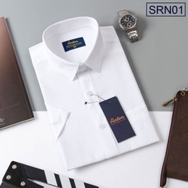 Áo Sơ Mi Nam Công Sở Trung Niên Thương Hiệu Anton Ngắn Tay Màu Trắng Trơn Vải Polyspun - XSN12