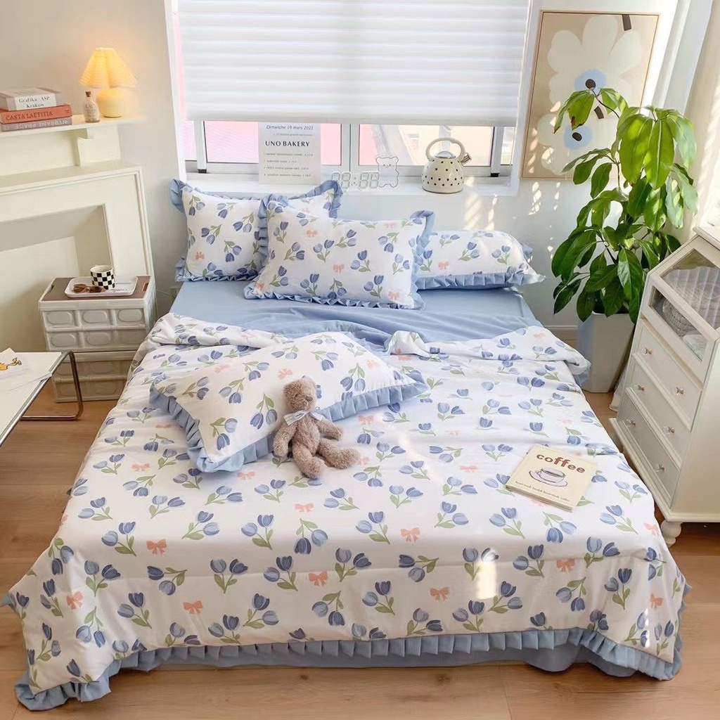 Bộ Chăn Ga Gối Đũi Bèo Ngắn - Cotton Đũi Mềm , Mịn Hoạ Tiết Hoa Lá Hàng Nhập Khẩu Full Set 4 Món | BigBuy360 - bigbuy360.vn
