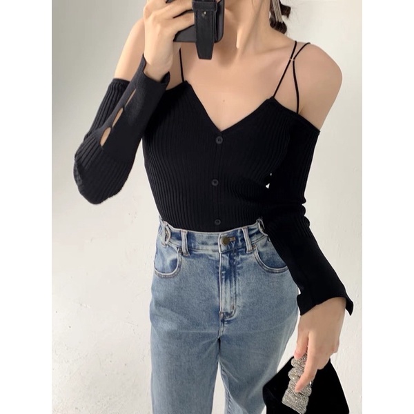 áo len dệt kim tay dài kiểu trễ vai mix 2 dây chéo nhỏ (0622#) 0622 dài tay