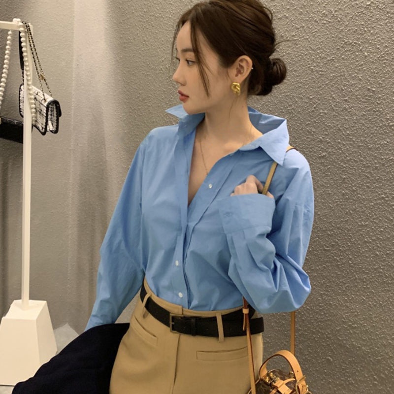 Áo Sơ Mi Nữ Tay Dài Dáng Rộng Cài Nút Màu Trơn Phong Cách Hàn Quốc Thời Trang Mới