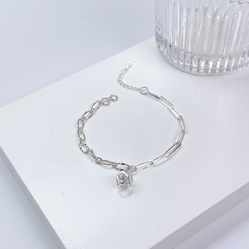 Lắc tay bạc nữ đai xích charm lập phương tâm pha lê cá tính LT012 - Cam kết chuẩn bạc | BigBuy360 - bigbuy360.vn