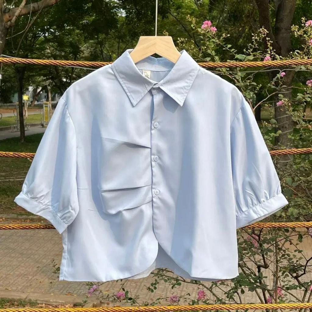 Áo kiểu nữ ngắn tay cổ sơ mi phối nhíu áo sơ mi kiểu croptop