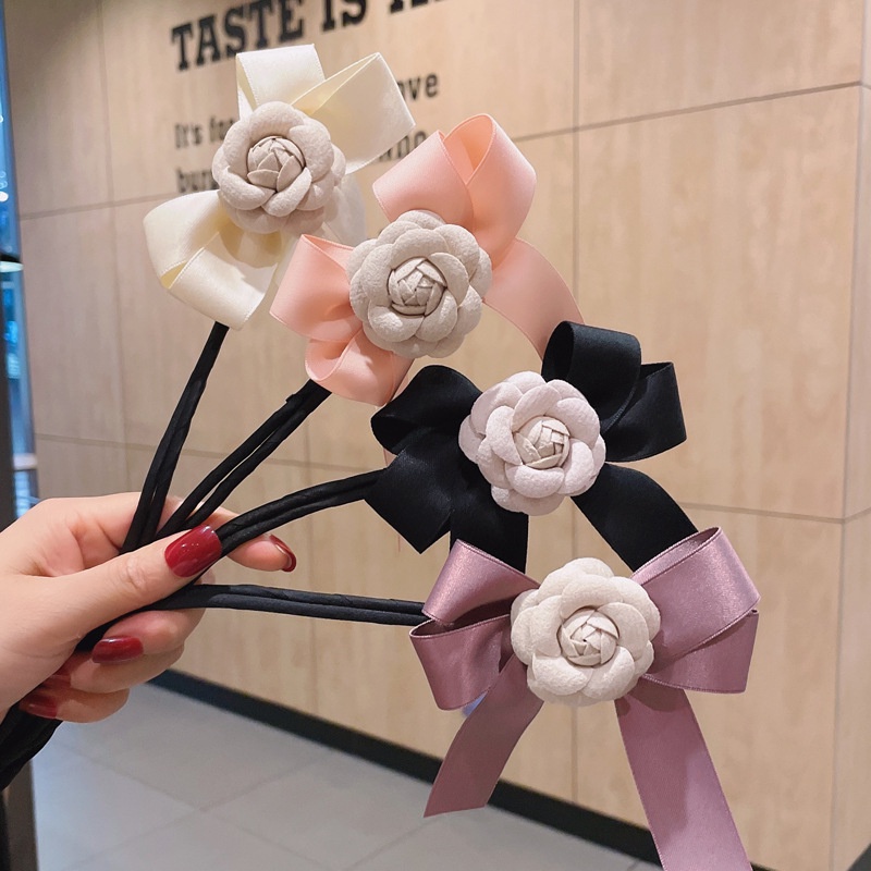 Dây buộc tóc thắt nơ ruy băng hình hoa trà phong cách Hàn Quốc dễ thương cho nữ