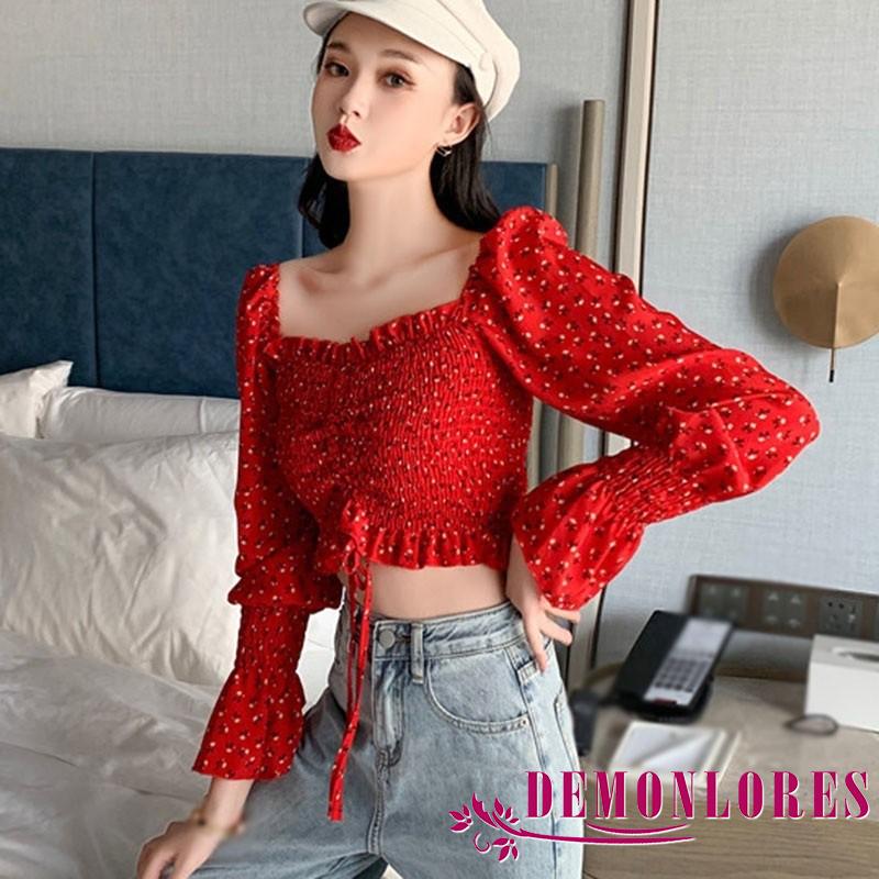 Áo croptop dài tay cổ vuông họa tiết hoa xinh xắn cho nữ