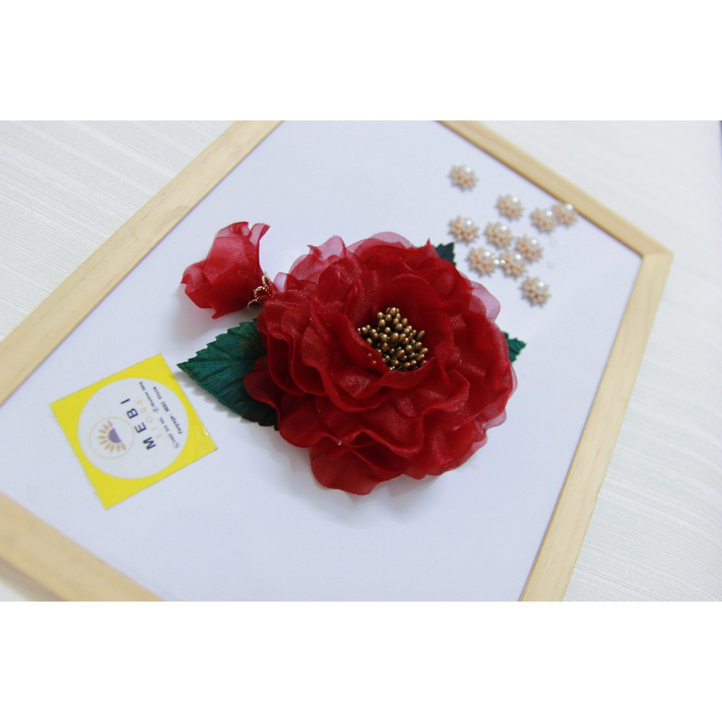 (Ảnh thật 100%) Hoa cài áo handmade vải voan màu đỏ đô 1 nụ (size 13.5 - 14cm)