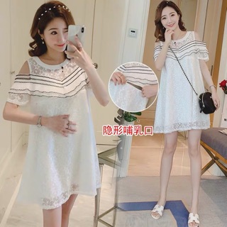 Váy ren trắng hở vai cho bà bầu và sau sinh ảnh thật