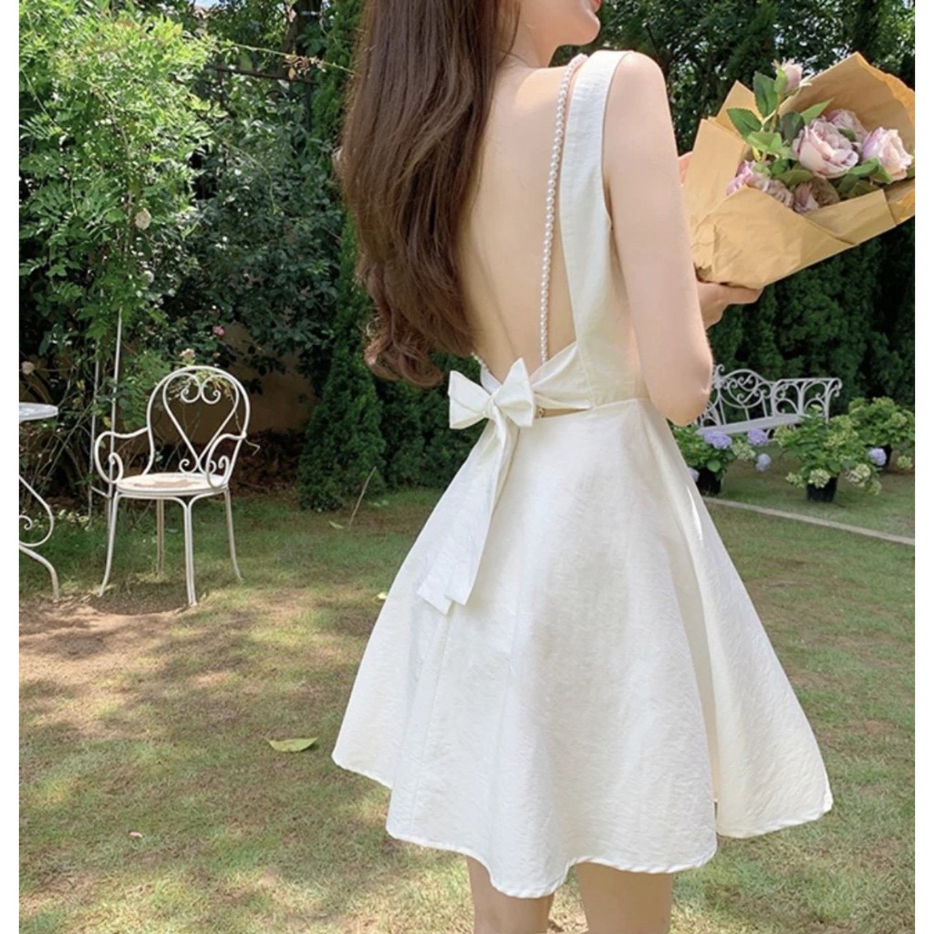 Đầm nữ trắng dạo phố dự tiệc cưới cột nơ lưng siêu dễ thương vải 2 lớp siêu đẹp