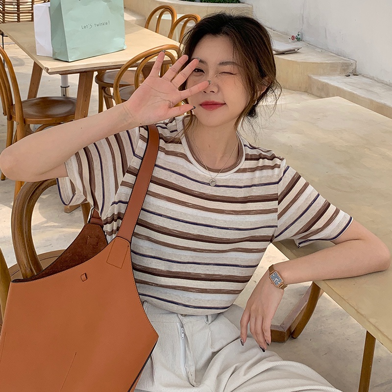 Áo thun SUXI tay ngắn cổ tròn họa tiết kẻ sọc thời trang mùa hè dành cho nữ