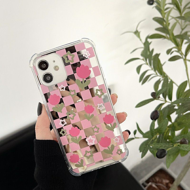 Ốp lưng iPhone tráng gương caro hồng dễ thương