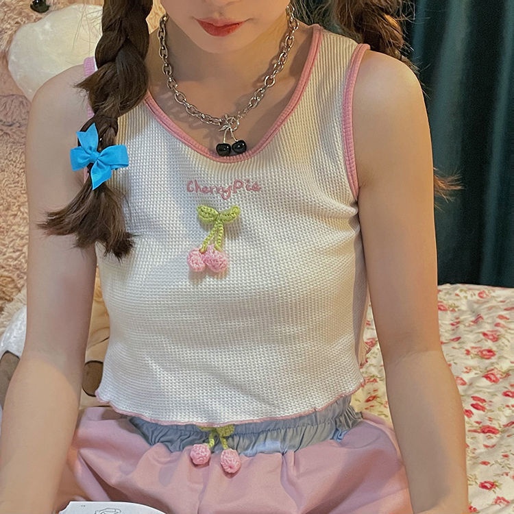 Jiashucheng Waffle Áo Thun Nhỏ Hai Dây Thêu Họa Tiết Cherry Phong Cách Nhật Bản Ngọt Ngào Dành Cho Bạn Nữ Mặc Bên Trong