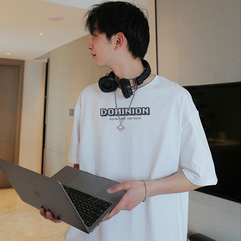 Áo thun nam tay lỡ cổ tròn form rộng streetwear phông unisex basic tee cotton PIXEL oversize đen trắng giá rẻ DOMINION