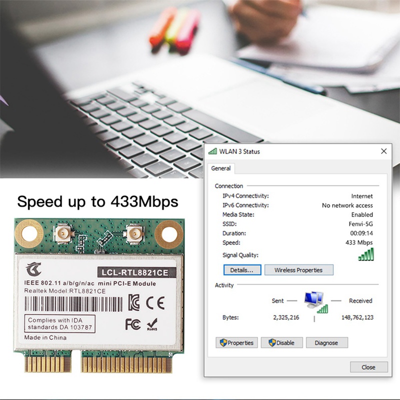 Rtl8821ce 802.11AC cho Bluetooth 4.2 433Mbps 2.4Ghz '5Ghz Băng tần kép Mini PCIe WiFi CARD RTL8821 Hỗ trợ máy tính xách tay-PC