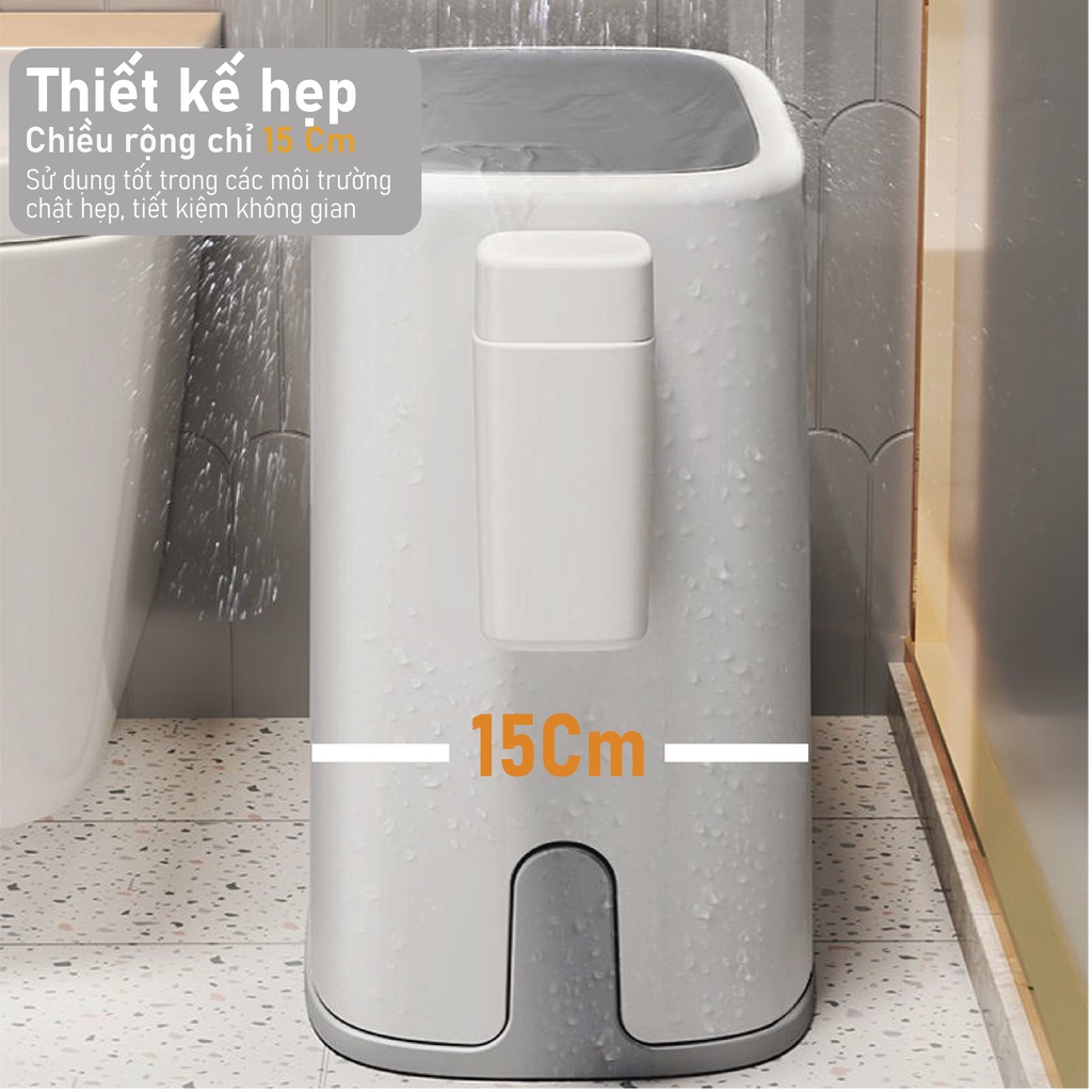 Thùng rác cho không gian hẹp SUPO Mart 15L, thùng rác nắp lật gọn gàng nhựa ABS cứng cáp, có lõi ngăn phân loại rác