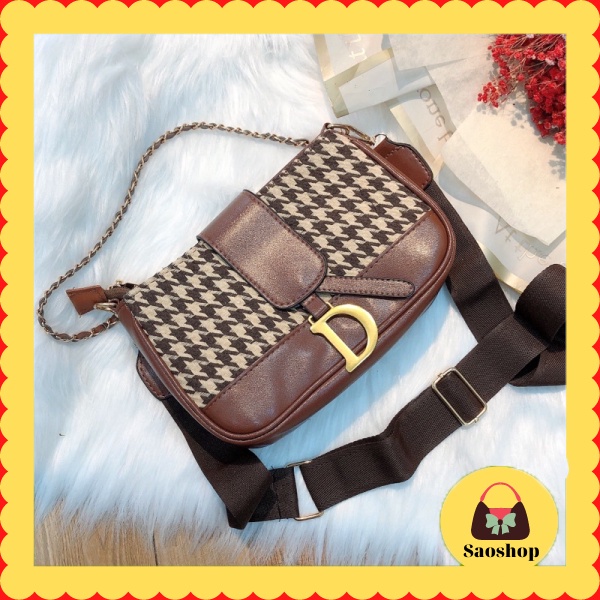 Túi xách kẹp nách đeo chéo chữ D chất liệu da pha thổ cẩm thời trang hót 2022