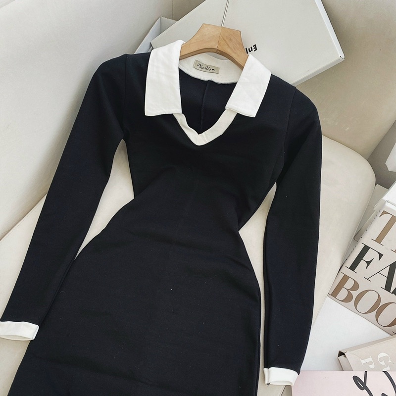 Đầm nữ đầm đen ôm body tay dài cổ sơ mi đi chơi đi dạo chuẩn mẫu ảnh kèm sàn