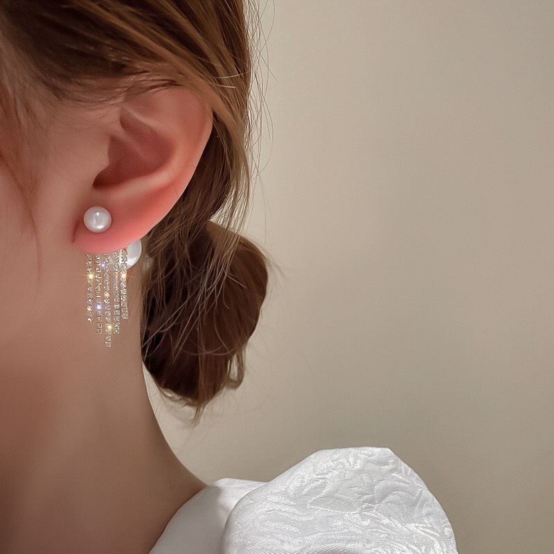 Bông Tai Ngọc Phối Dây Đá Lấp Lánh Thời Trang Hàn Quốc Phong Cách Tiểu Thư Siêu Sang Chảnh Dự Tiệc Mainia Shop