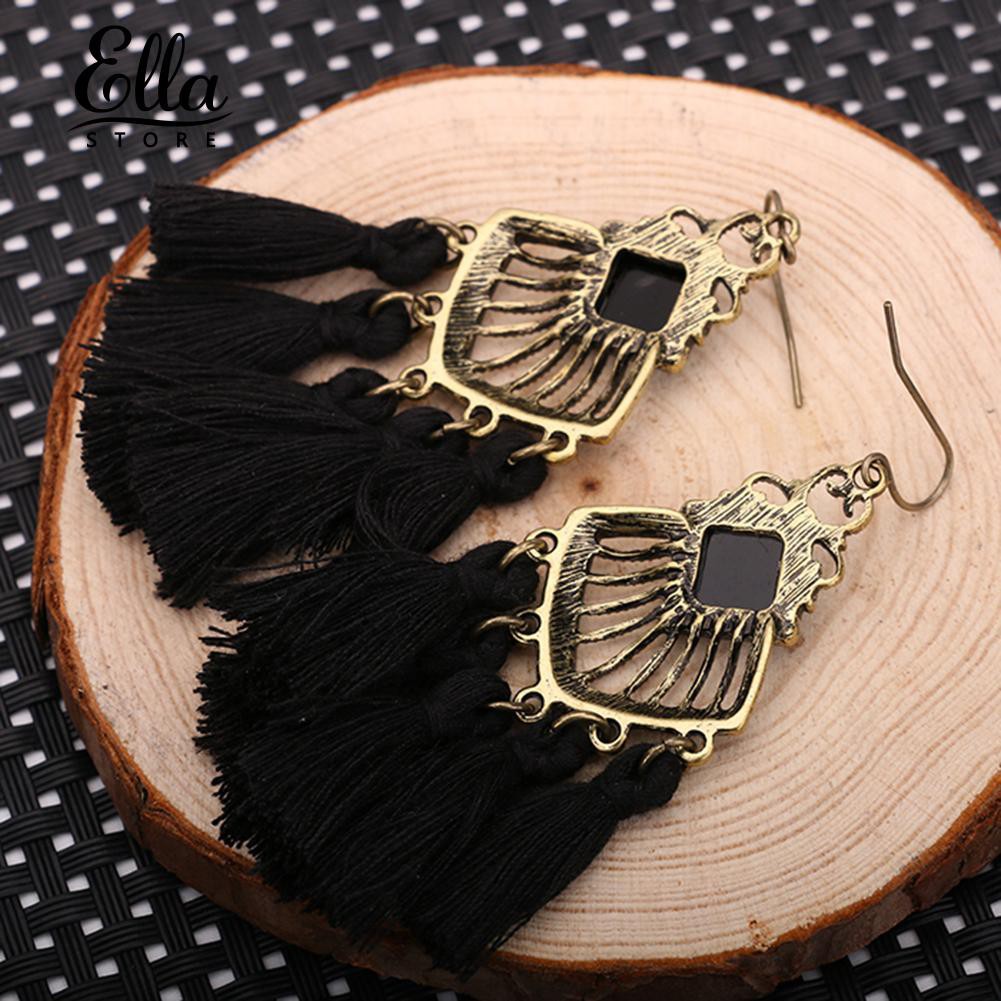 Đôi Bông Tai Dáng Dài Phối Tua Rua Phong Cách Retro Cho Nữ