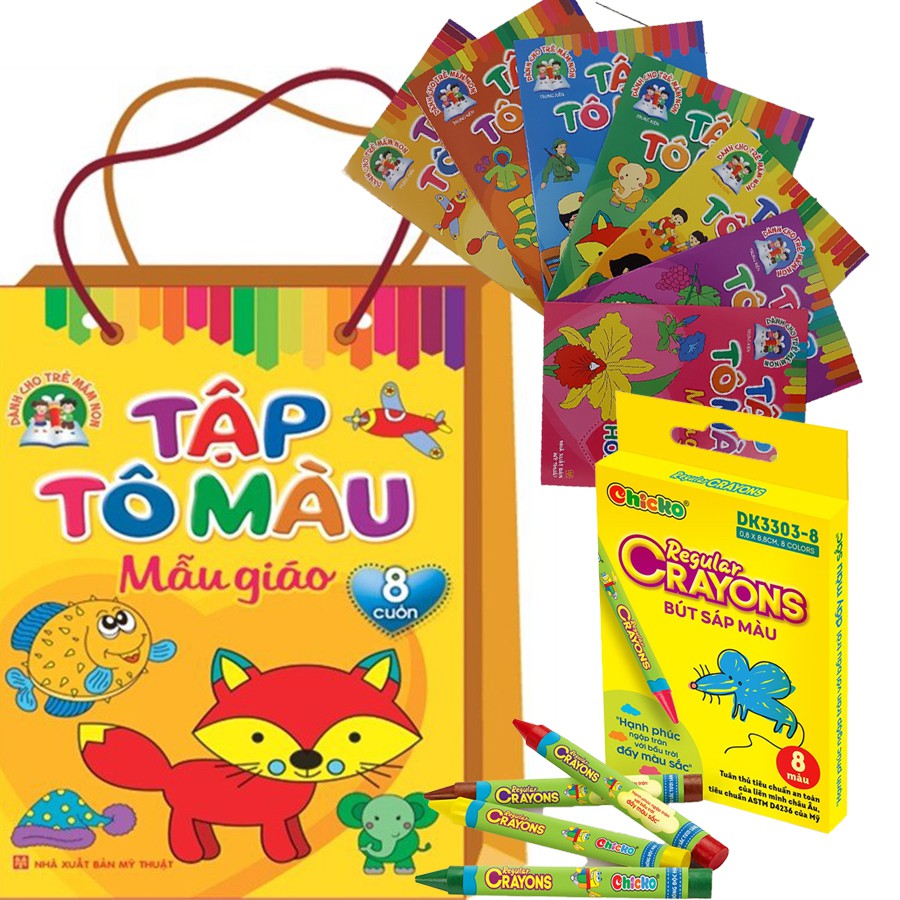 Bút Sáp Màu Duka - 8 Màu +Tập Tô Màu Mẫu Giáo ( Túi 8 Cuốn)