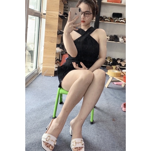 Dép cao gót nữ,Guốc nữ quai xích vàng đế vuông 5cm